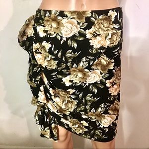 Slant Floral Ruched Mini Skirt w/ Vertical Ruffle
